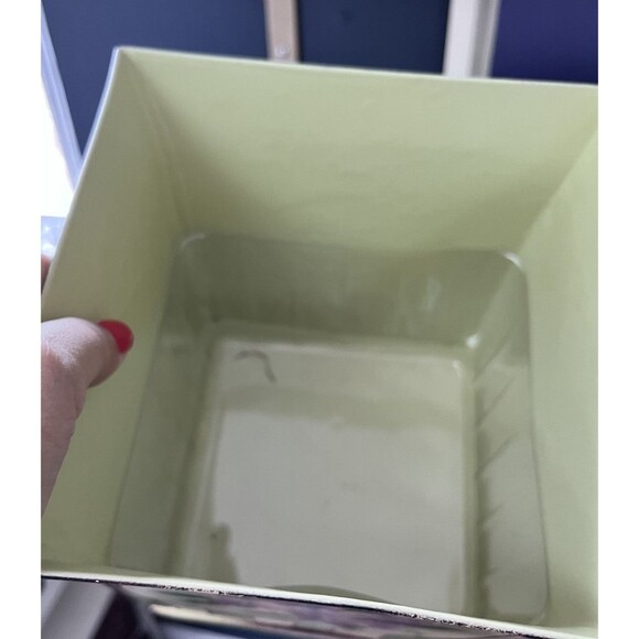 Vtg Hand Painted Green Yellow Striped Metal Toleware Planter Cache Pot Floral - Picture 6 of 6